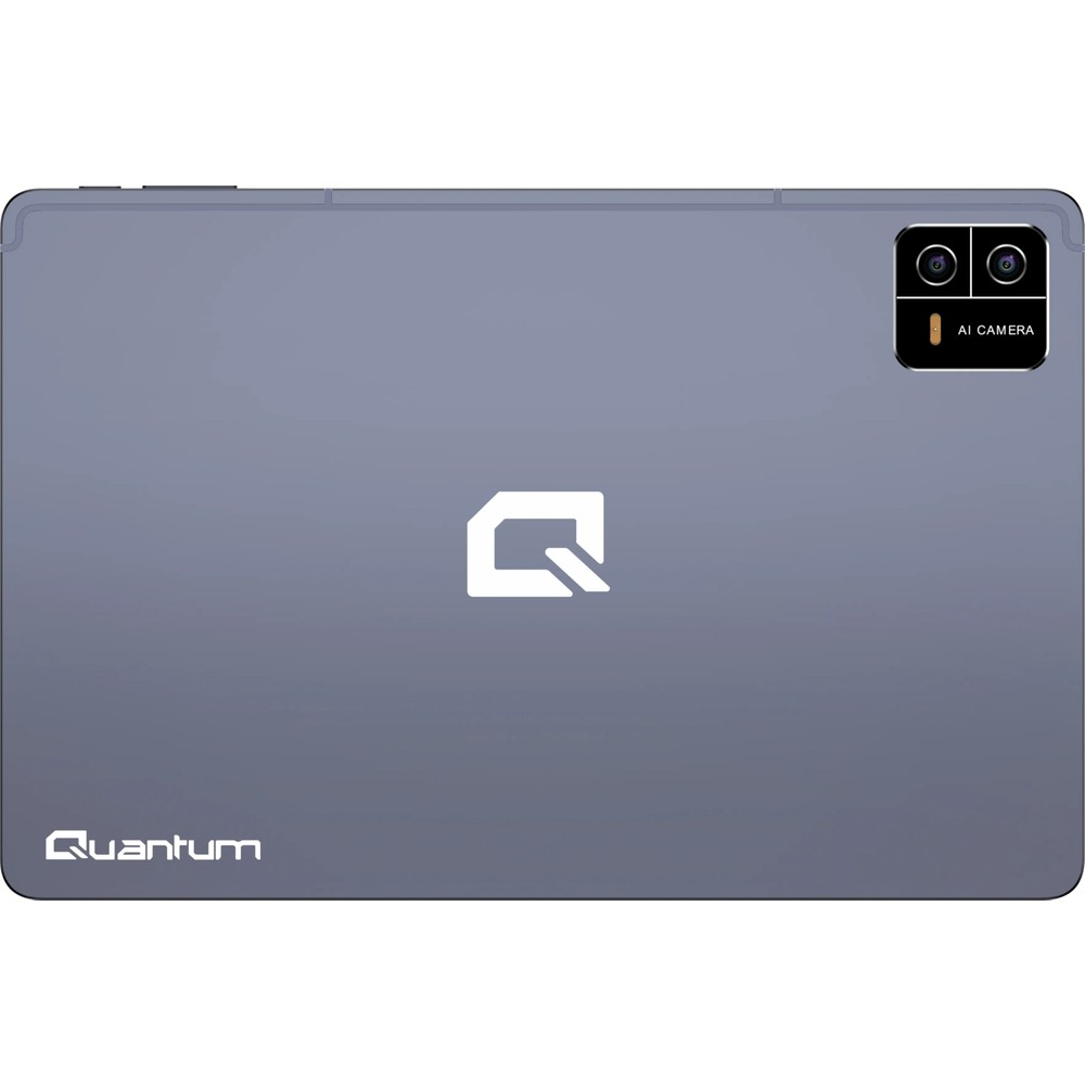 Ortasında çift kamera ve beyaz Q logosu bulunan gri bir Quantum tabletin arkası.