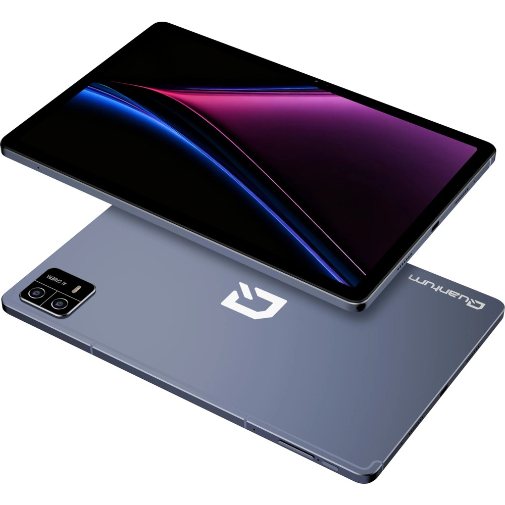 Beyaz arka planda iki gri tablet, renkli ekranlı ön yüzü ve kameralı arka yüzü gösteriyor.