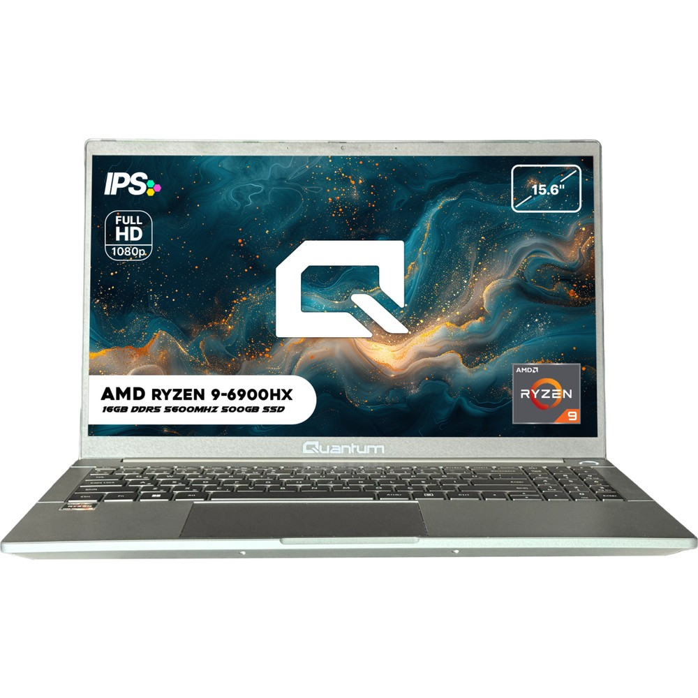 Beyaz arka planda 15.6 inç ekran, AMD Ryzen 9 işlemci ve arkadan aydınlatmalı klavyeye sahip gümüş renkli Quantum dizüstü bilgisayar.