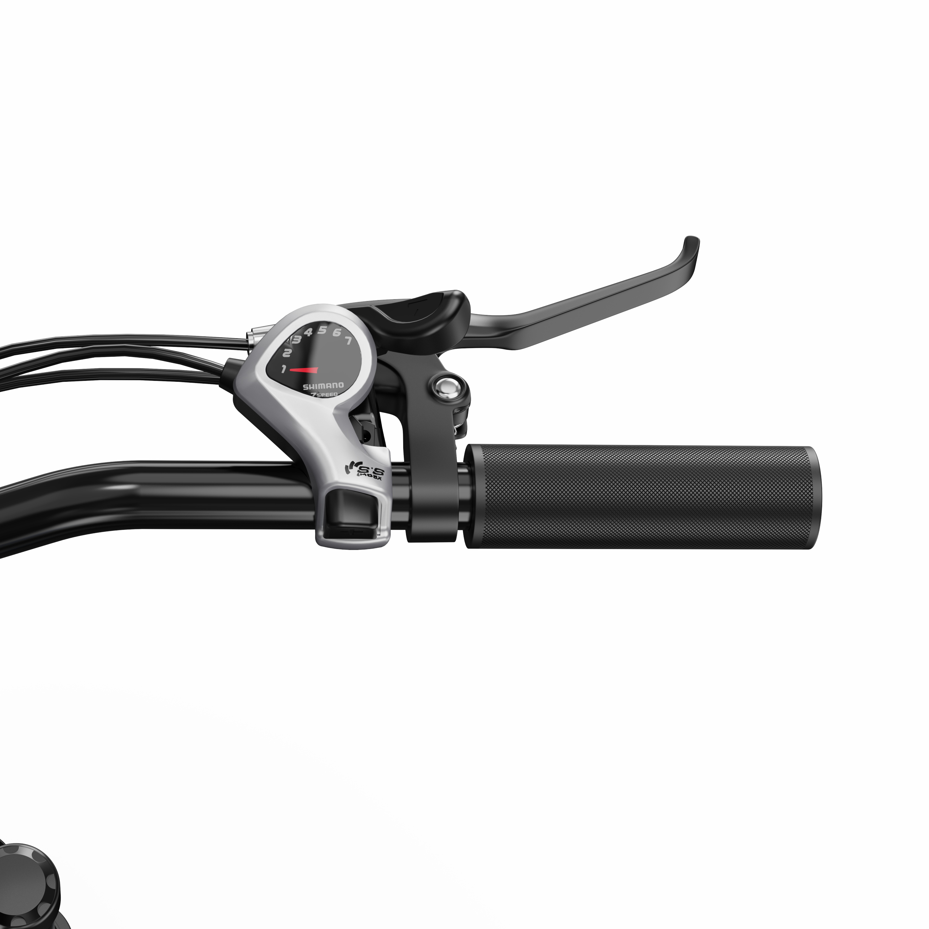 Fahrradlenker mit schwarzem Griff, Shimano-Gangschaltung und Bremshebel auf weißem Hintergrund.