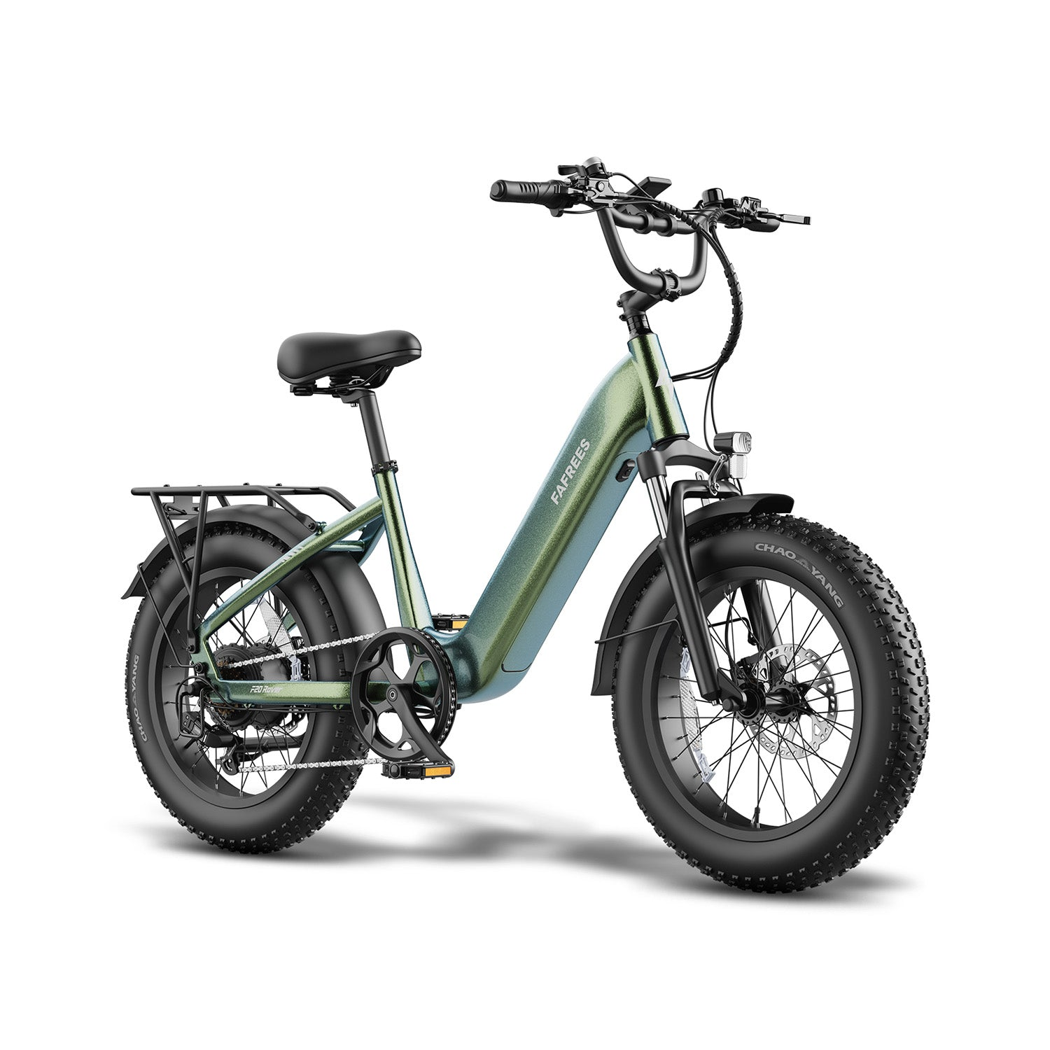 Ein grünes Fafrees E-Bike mit dicken Reifen, schwarzem Sattel, Lenker und Gepäckträger vor weißem Hintergrund.