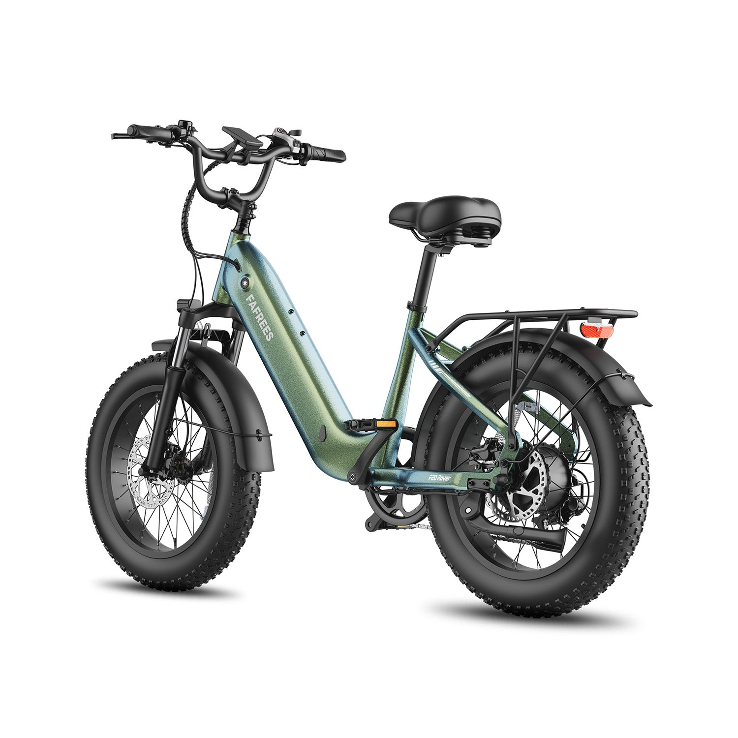 Ein elektrisches Fatbike in schillerndem Grün und Blau mit Gepäckträger und schwarzen Schutzblechen.