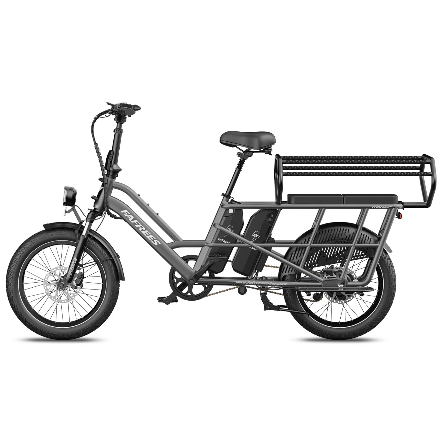 Ein graues Fafrees E-Lastenrad mit großem Gepäckträger hinten und zwei Akkus, freigestellt.