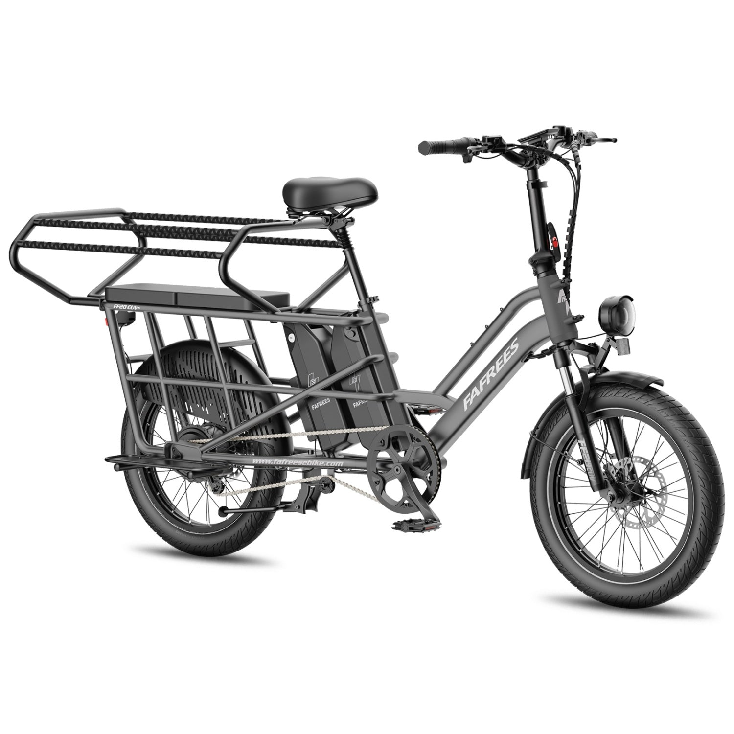 Ein graues Fafrees-Cargoe-E-Bike mit einem großen Heckgepäckträger, breiten Reifen und einem Scheinwerfer.