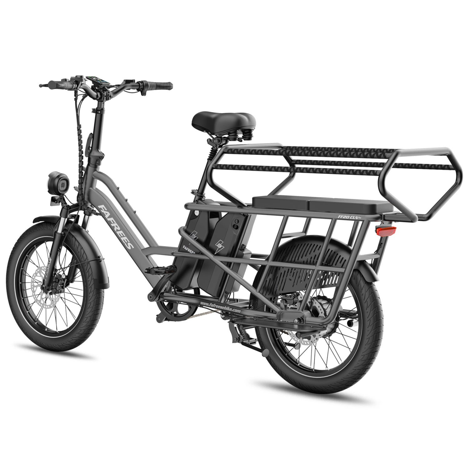 Schwarzes Fafrees Lasten-E-Bike mit großem Gepäckträger hinten und Frontscheinwerfer.