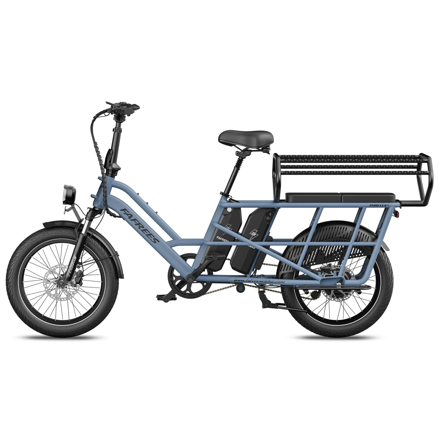 Ein blaues Fafrees Lasten-E-Bike mit schwarzem Sitz und großem Heckgepäckträger.