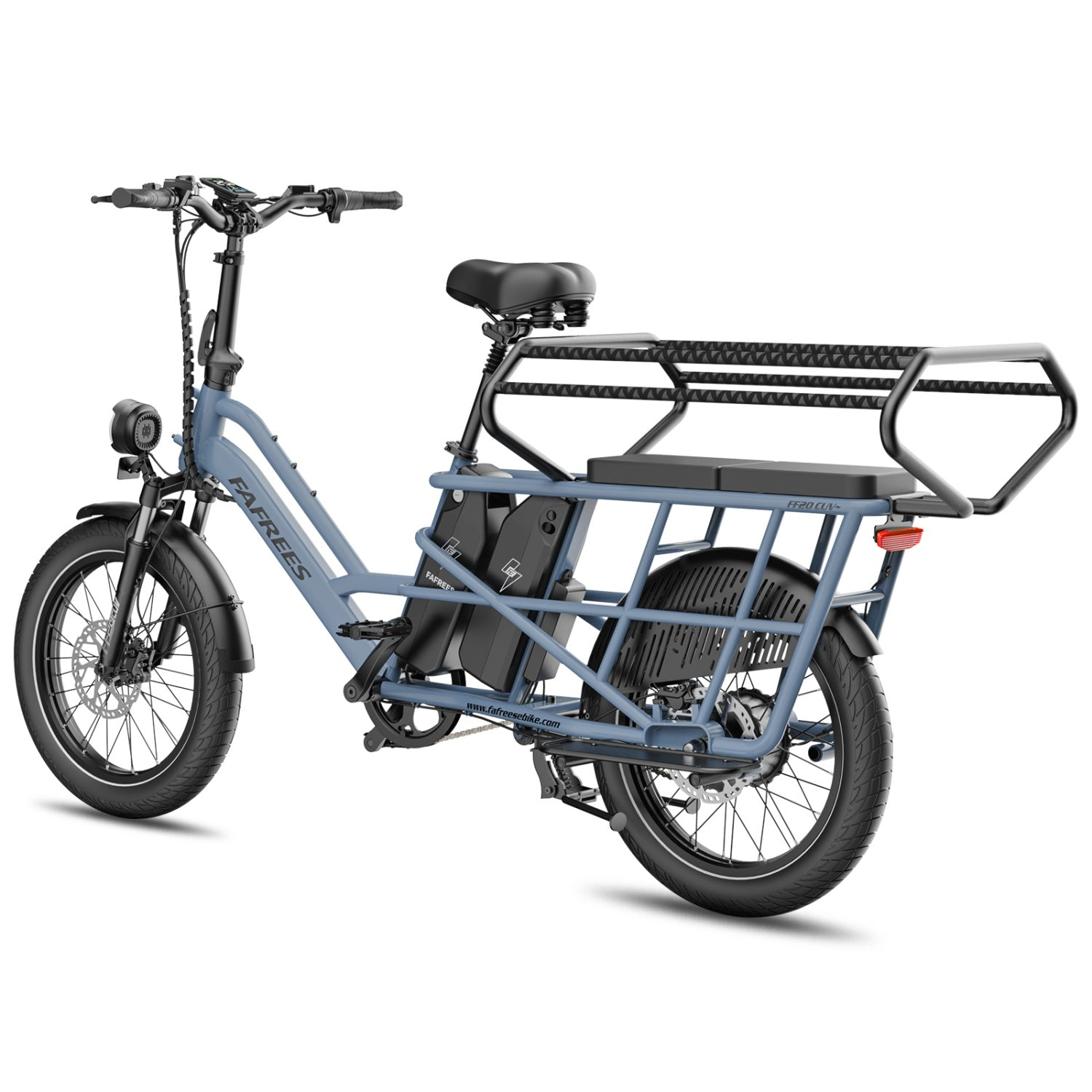 Ein blaues Fafrees E-Cargo-Bike mit breiten Reifen, Frontscheinwerfer und großem hinteren Lastenkorb auf weißem Grund.