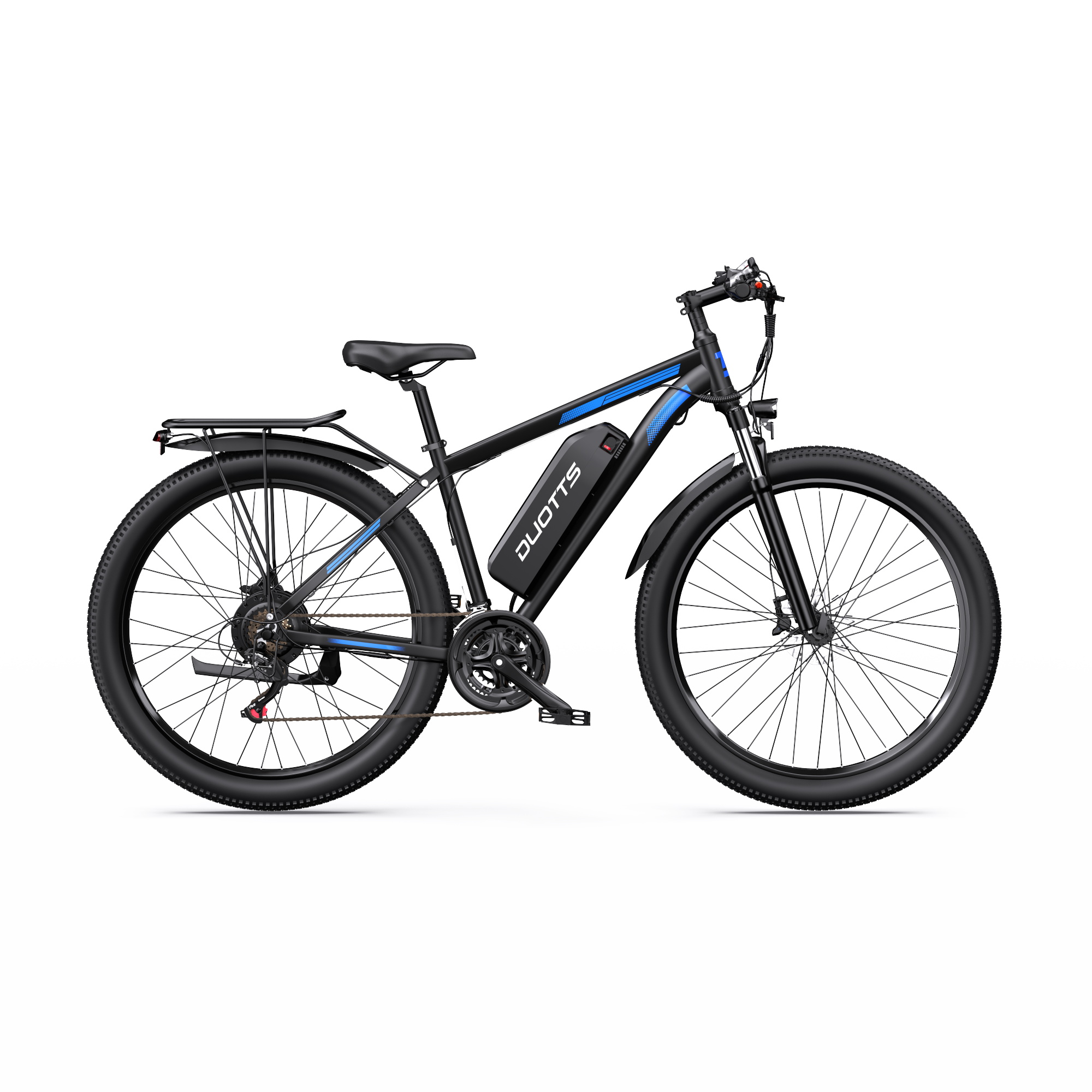 Ein schwarzes elektrisches Mountainbike mit blauen Akzenten und einer montierten Batterie.