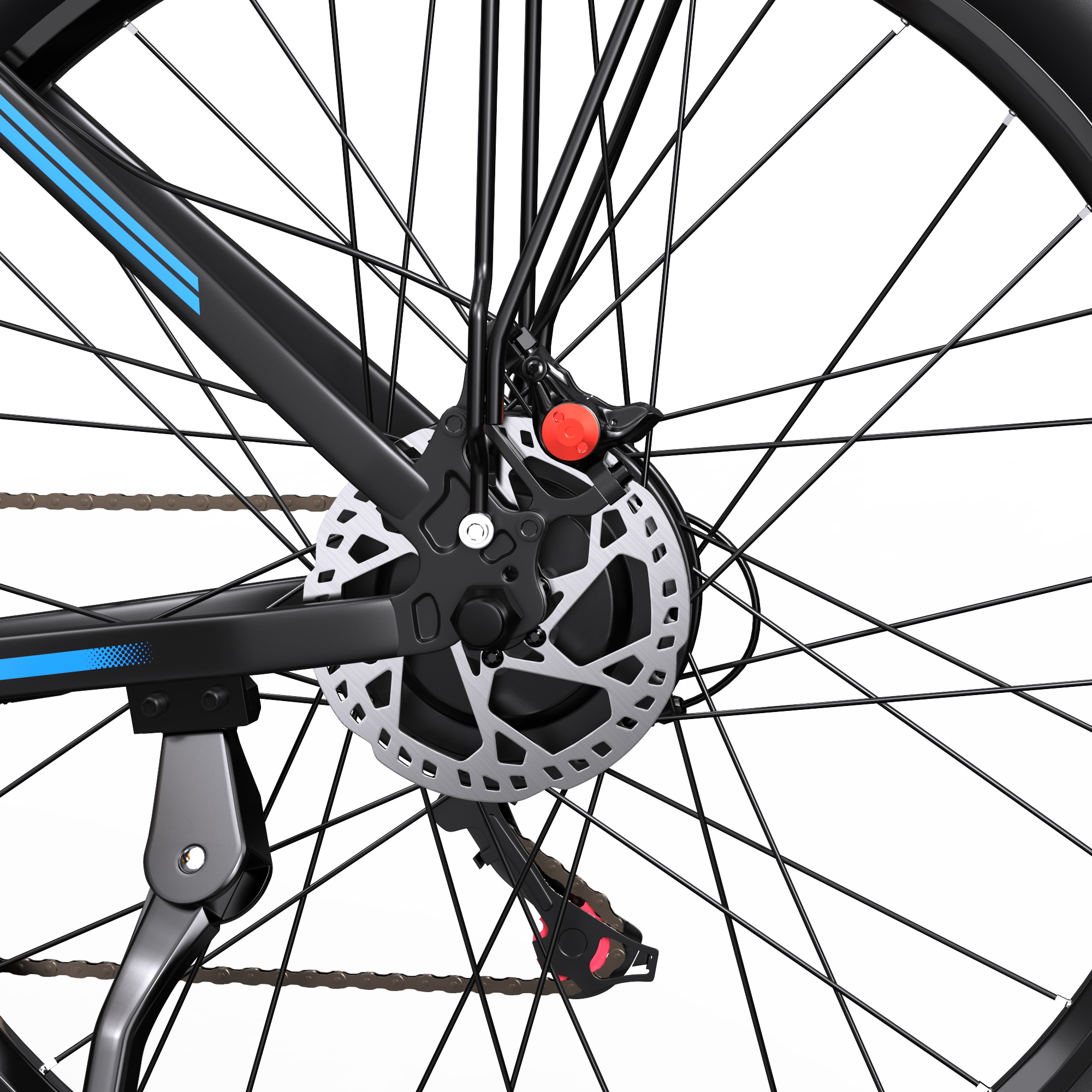 Nahaufnahme eines schwarzen Fahrradhinterrads mit Scheibenbremse, Kette und Ständer auf weißem Hintergrund.