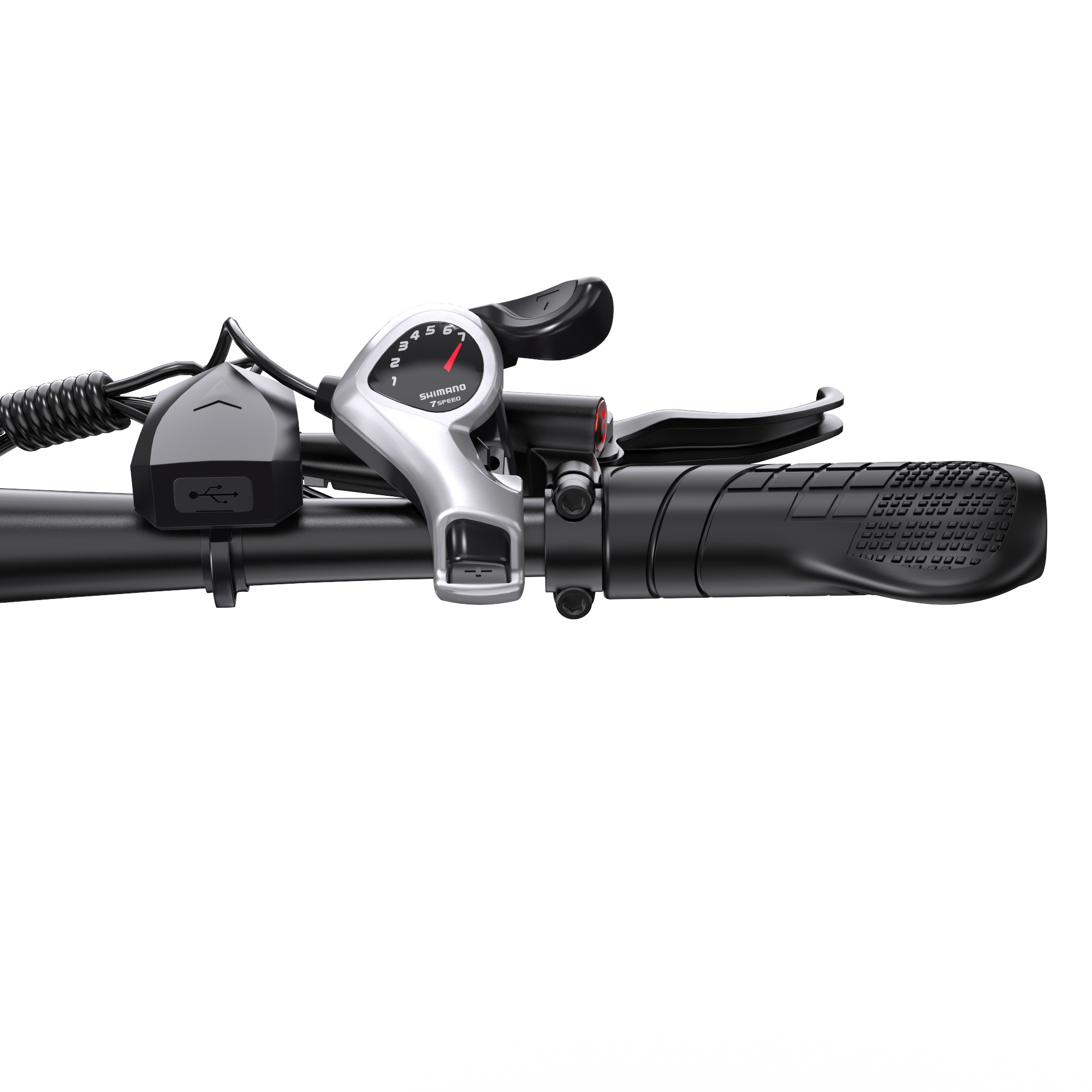 Nahaufnahme eines Fahrradlenkers mit schwarzem, strukturiertem Griff, Shimano 7-Gang-Schalthebel und USB-Modul.