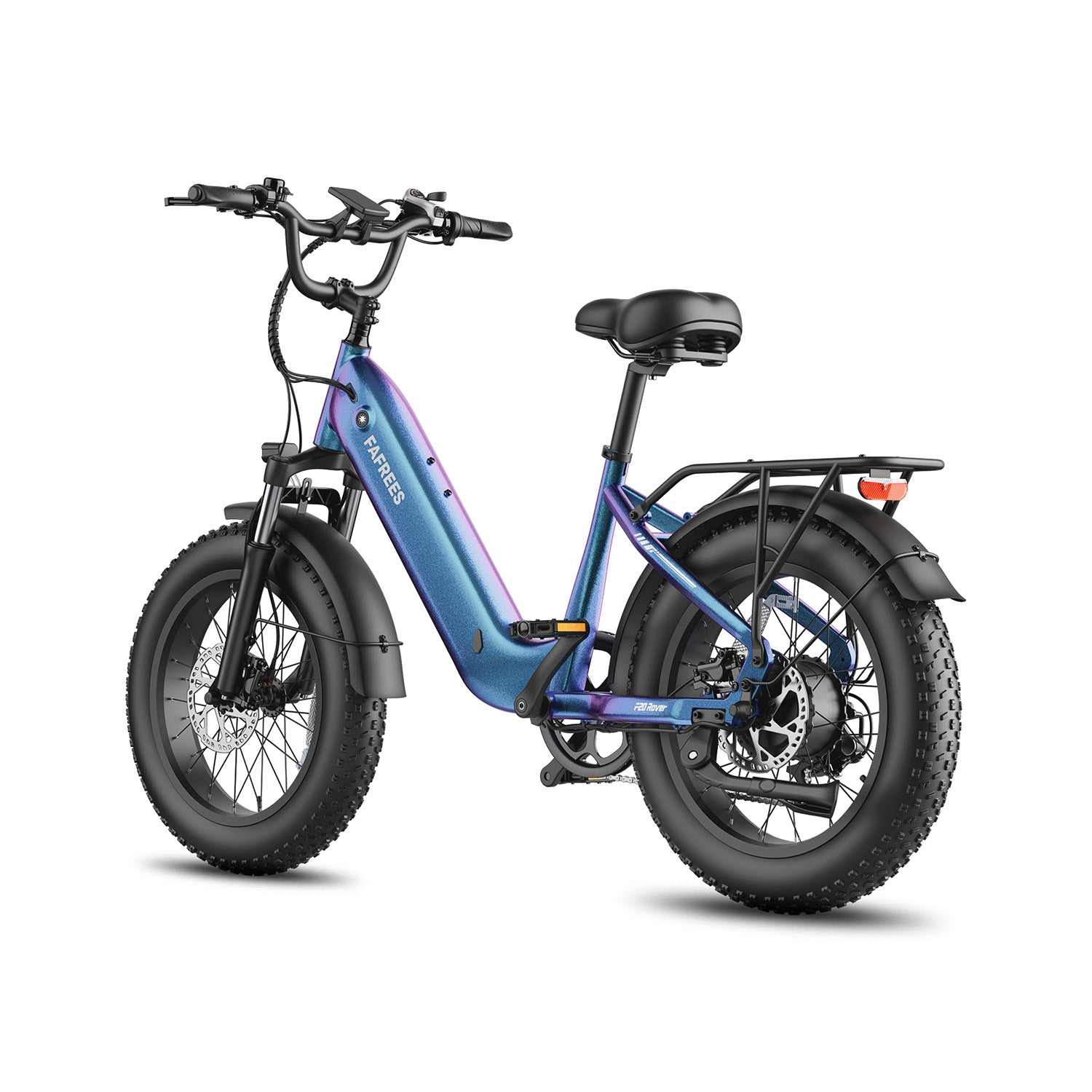 Glänzendes blau-violettes E-Bike mit dicken Reifen und Gepäckträger.