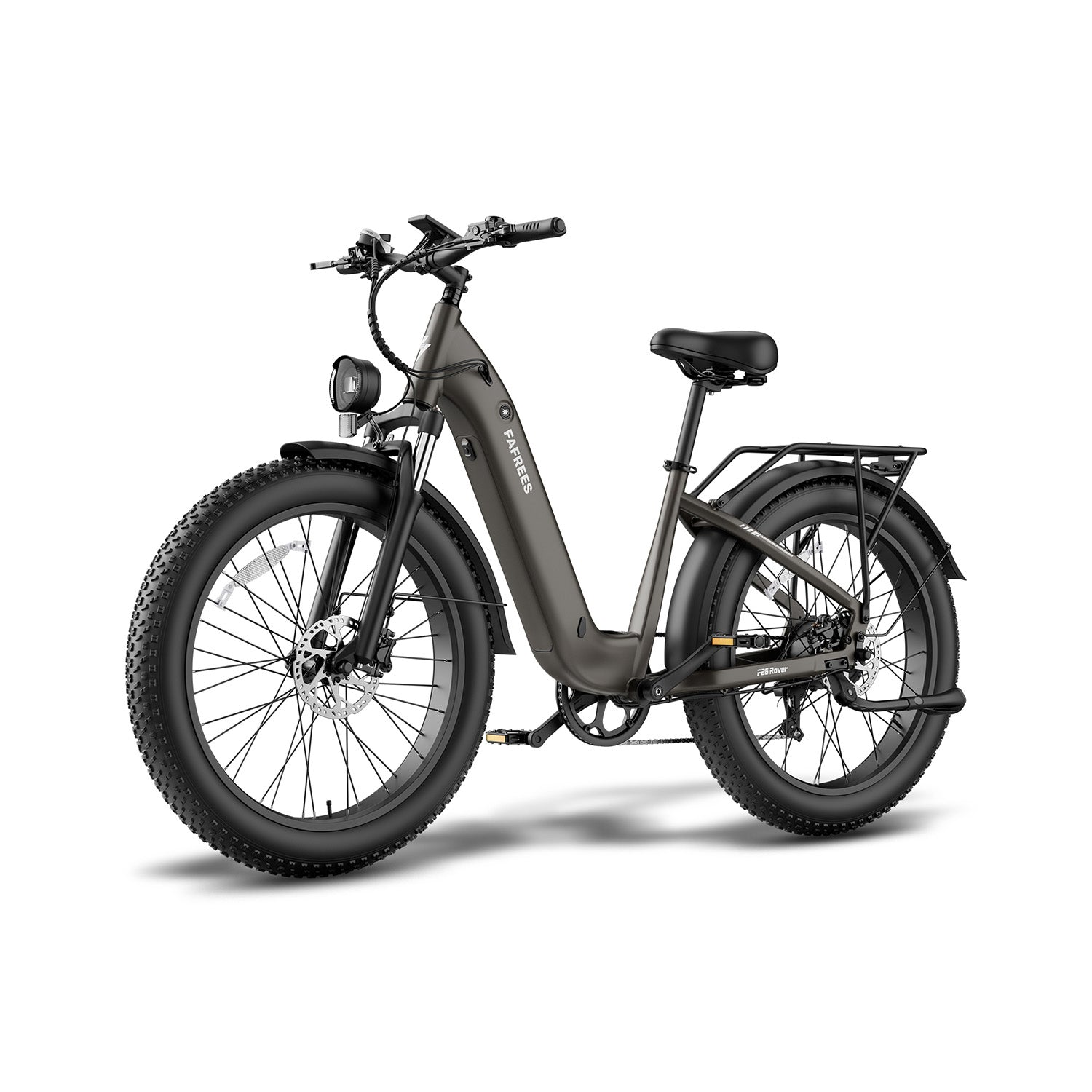 Ein graues Fafrees E-Bike mit dicken Reifen, Gepäckträger und Vorderlicht vor weißem Hintergrund.
