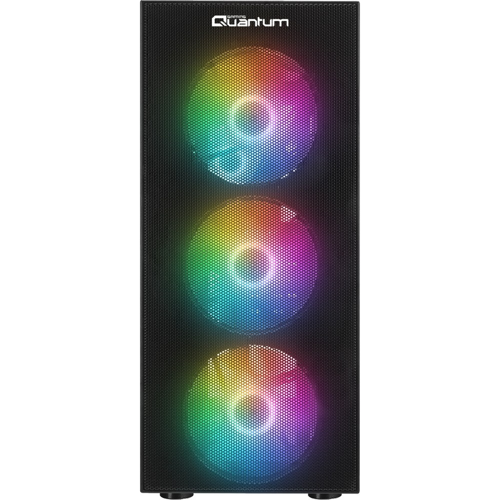 Ön panelinde üç renkli RGB fan bulunan siyah bir oyuncu kasasının önden görünümü.