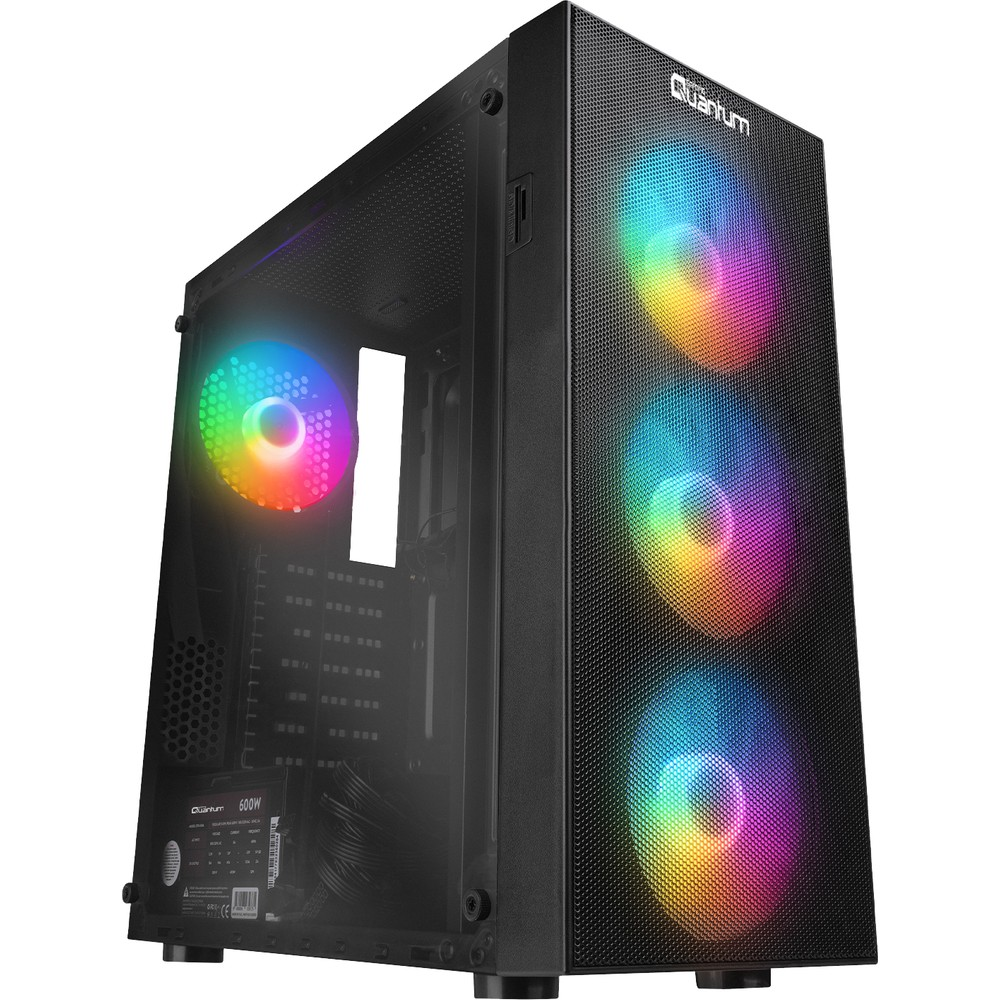 Cam yan panelli, önde üç ve arkada bir renkli RGB fanlı siyah bilgisayar kasası.