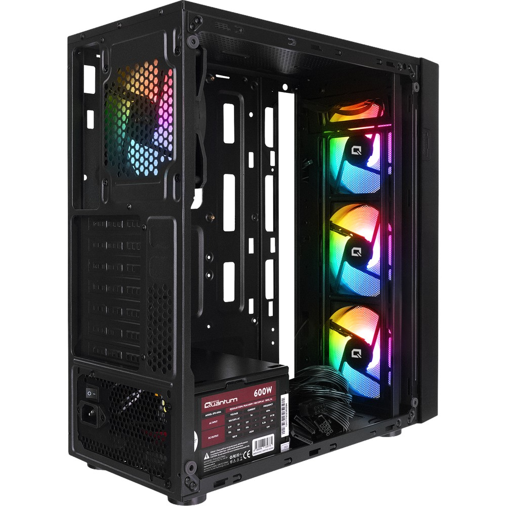 Birden fazla renkli RGB fana ve entegre 600W güç kaynağına sahip siyah bir bilgisayar kasası.