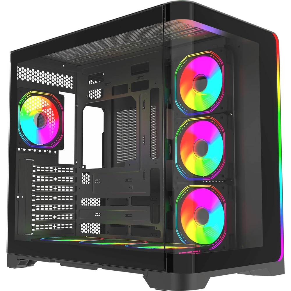 Cam panelli ve renkli RGB fanlı siyah bir bilgisayar kasası.