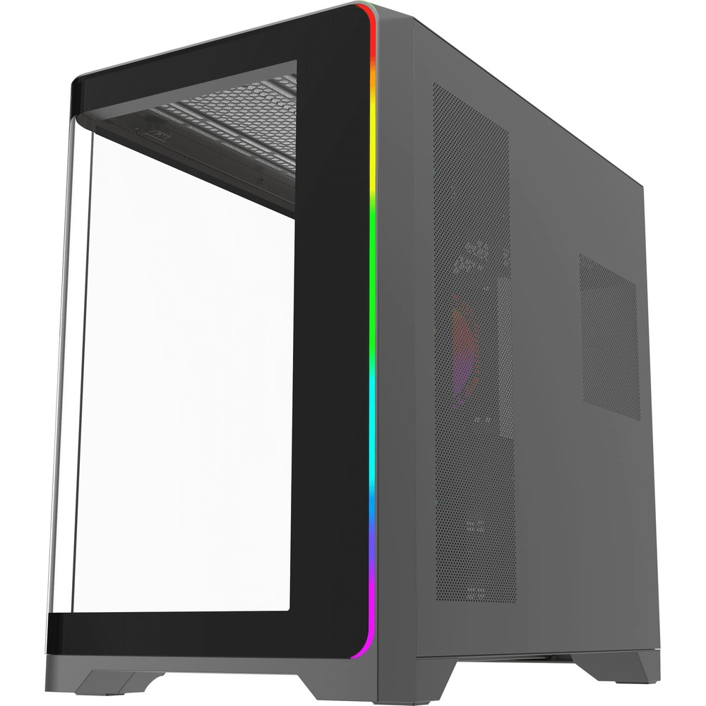 Cam ön panelli, yan havalandırmalı ve renkli RGB LED aydınlatmalı siyah PC kasası.