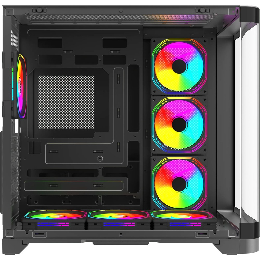 Birden fazla canlı RGB soğutma fanı ile donatılmış siyah bilgisayar kasası.