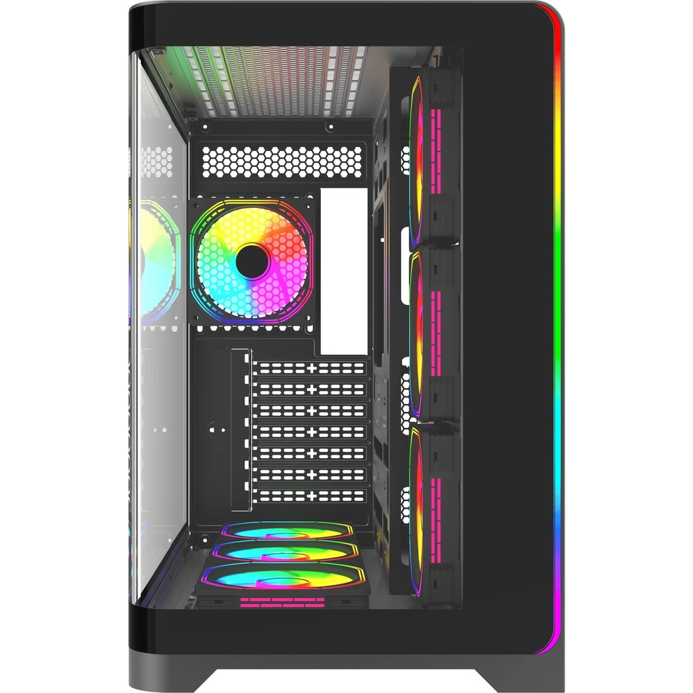 Cam ön panelli ve renkli RGB fanlı siyah bilgisayar kasası.