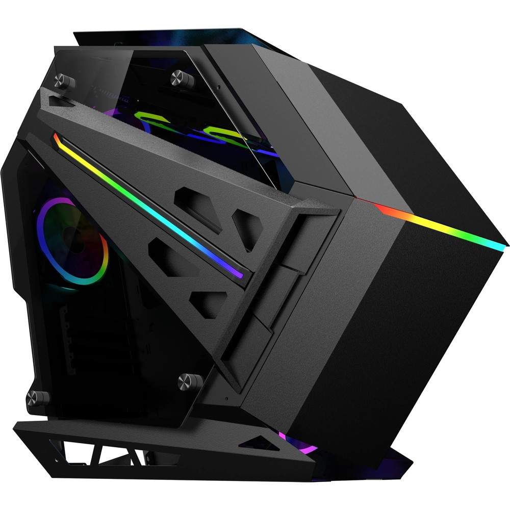 Geometrik tasarımlı, cam yan panelli ve canlı RGB aydınlatmalı futuristik siyah PC kasası.