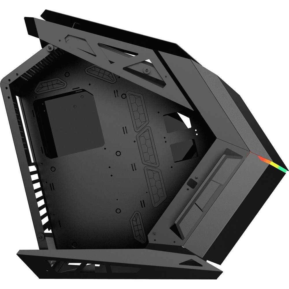 Açılı çizgileri ve küçük bir RGB ışık şeridi olan futuristik siyah bir bilgisayar kasası.