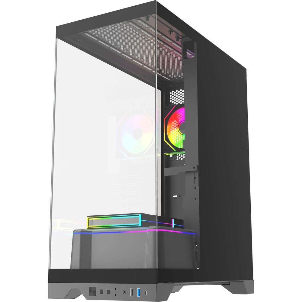 Cam ön panelli, RGB fanlı ve aydınlatmalı bileşenlere sahip siyah bilgisayar kasası.