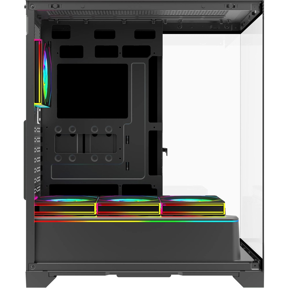 Yanında ve altında renkli RGB fanlar bulunan açık siyah bilgisayar kasası.