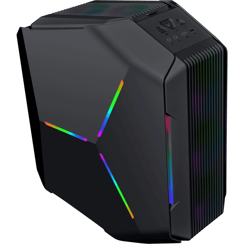 Yan panelinde ve önünde RGB aydınlatma bulunan, fütüristik geometrik tasarımlı siyah bilgisayar kasası.