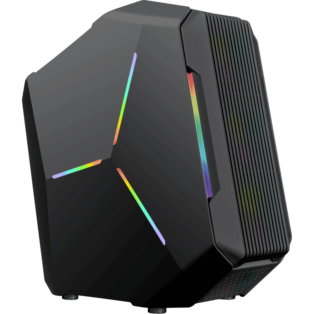 Önünde açılı tasarıma ve renkli RGB ışık şeritlerine sahip siyah, modern bir oyuncu PC kasası.