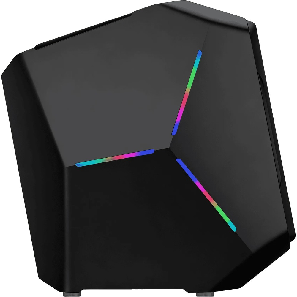 Ön panelinde açılı kenarlar ve üç renkli RGB ışık şeridi bulunan siyah bir PC kasası.