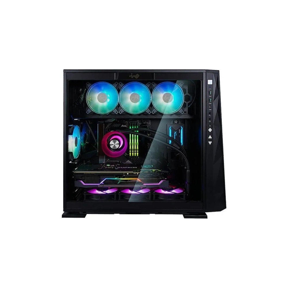 Cam yan panelli siyah bilgisayar kasası, iç bileşenleri, parlayan RGB fanları ve sıvı soğutmayı gösterir.
