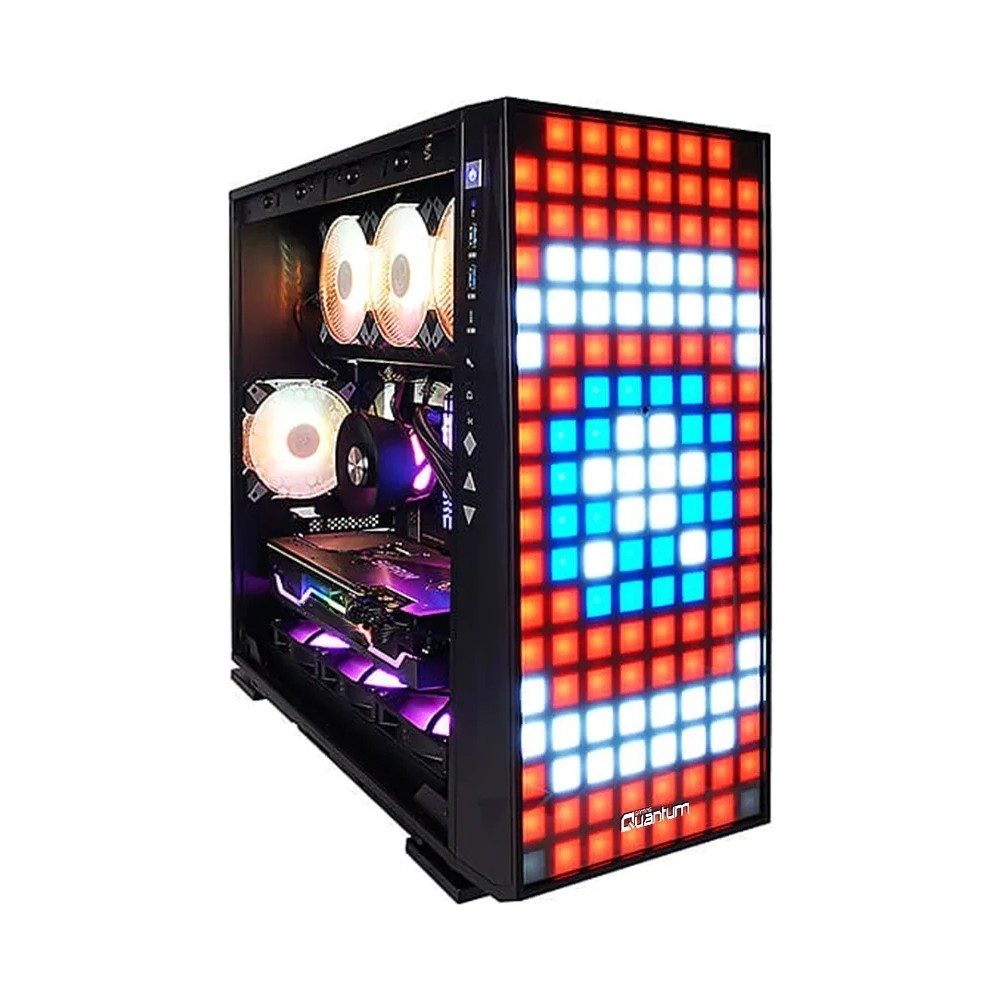 Pikselli LED on panelli ve isikli ic bilesenlere sahip bir oyun PC kasasi.