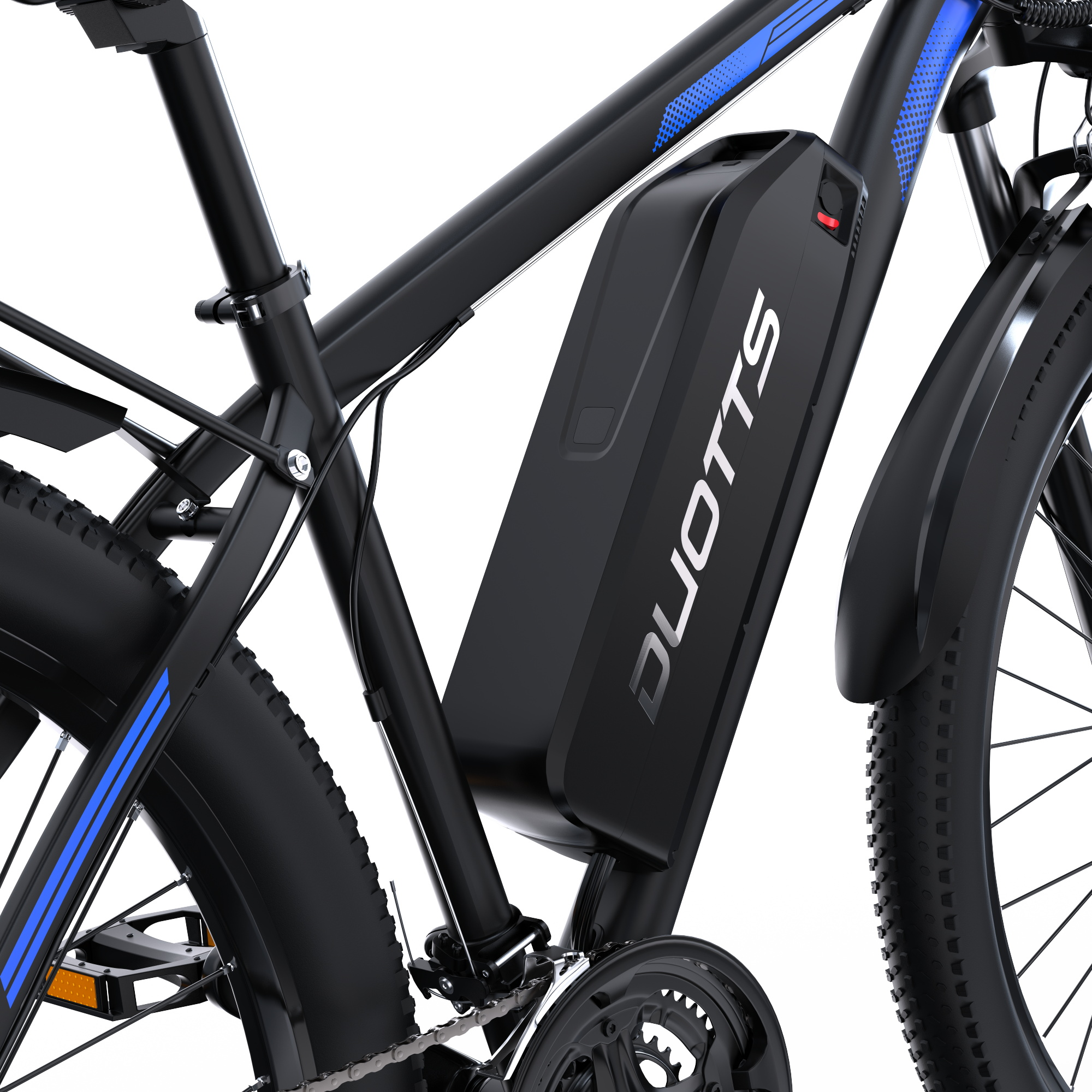 Nahaufnahme eines schwarzen Duotts E-Bikes mit einem am Rahmen befestigten Akkupack.