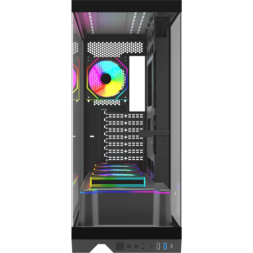 Cam ön panelli ve renkli RGB fanlı siyah bilgisayar kasası.
