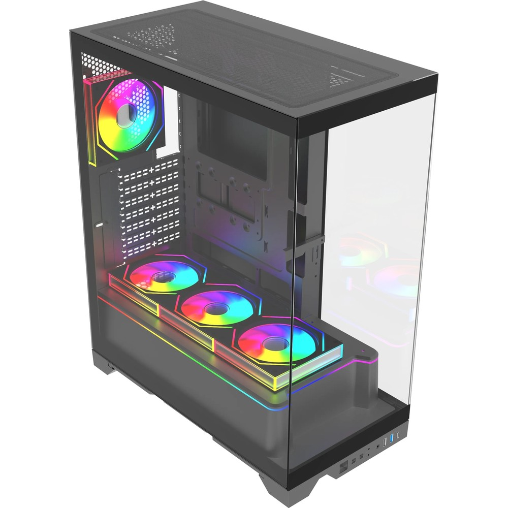 Alt ve arka kısımda renkli RGB fanlar bulunan cam panelli siyah bir bilgisayar kasası.