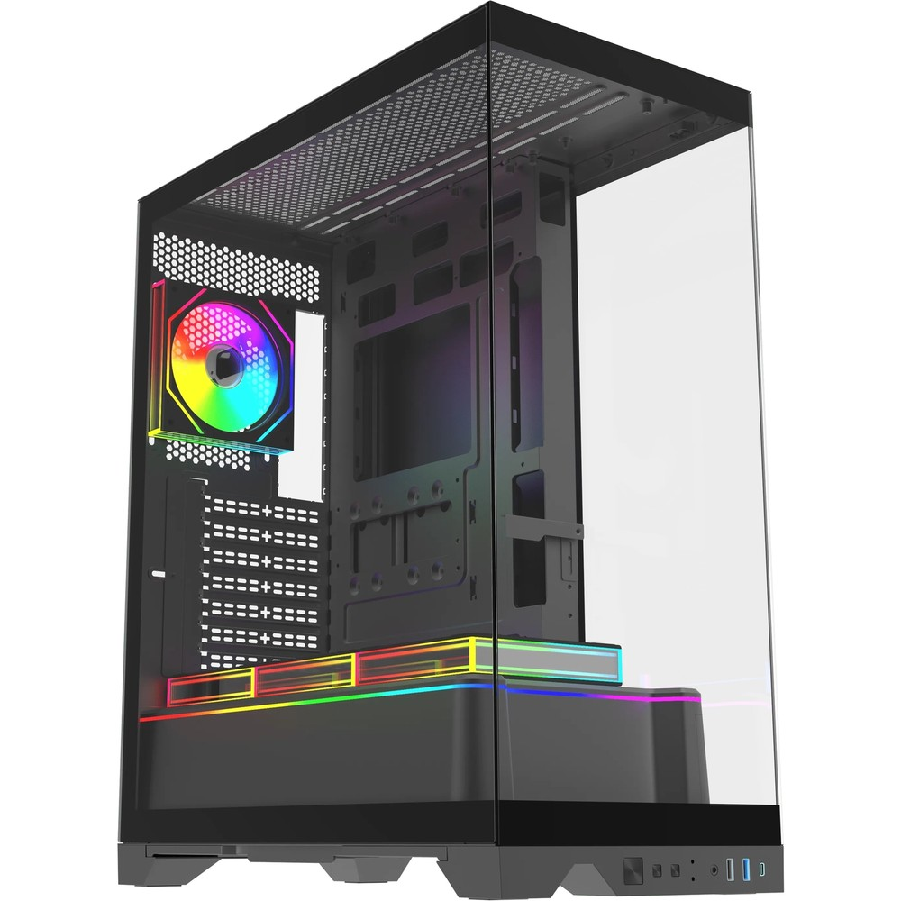 Cam ön yüzlü ve renkli RGB fanlı siyah bilgisayar kasası.