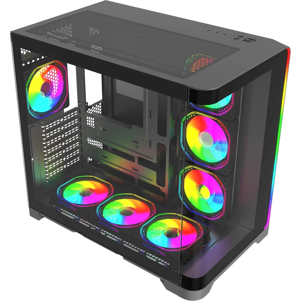 Cam yan ve ön panellere sahip siyah bir bilgisayar kasası, içinde renkli RGB fanlar bulunuyor.