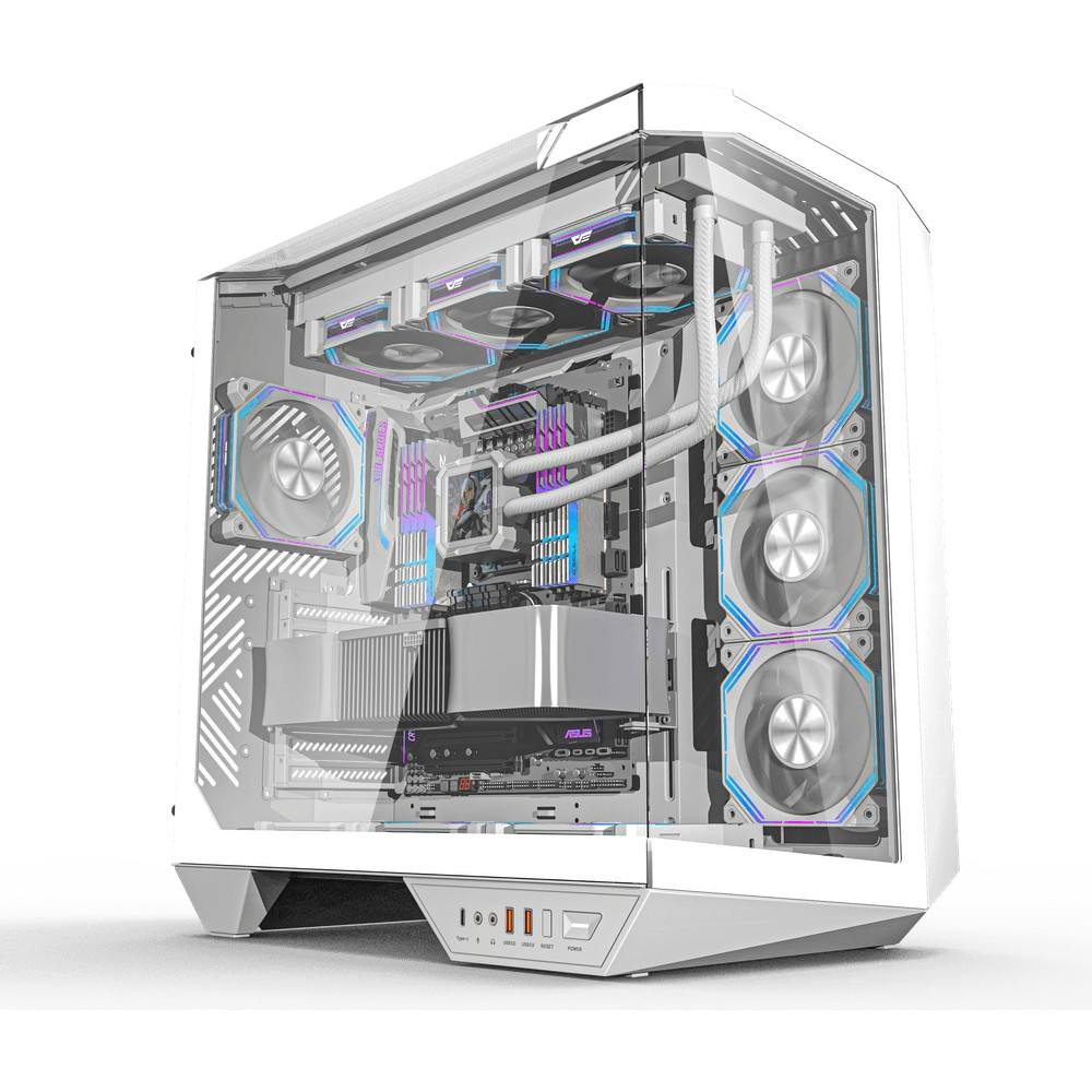 Cam kasalı, RGB fanlı ve sıvı soğutmalı anakartlı beyaz bilgisayar kasası.