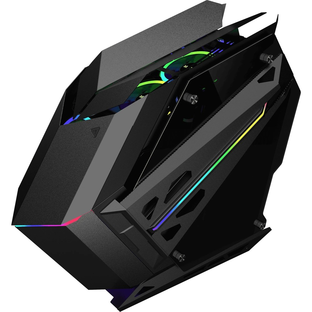 Fütüristik hatlara, cam yan panellere ve RGB aydınlatmaya sahip agresif tasarımlı siyah bir PC kasası.