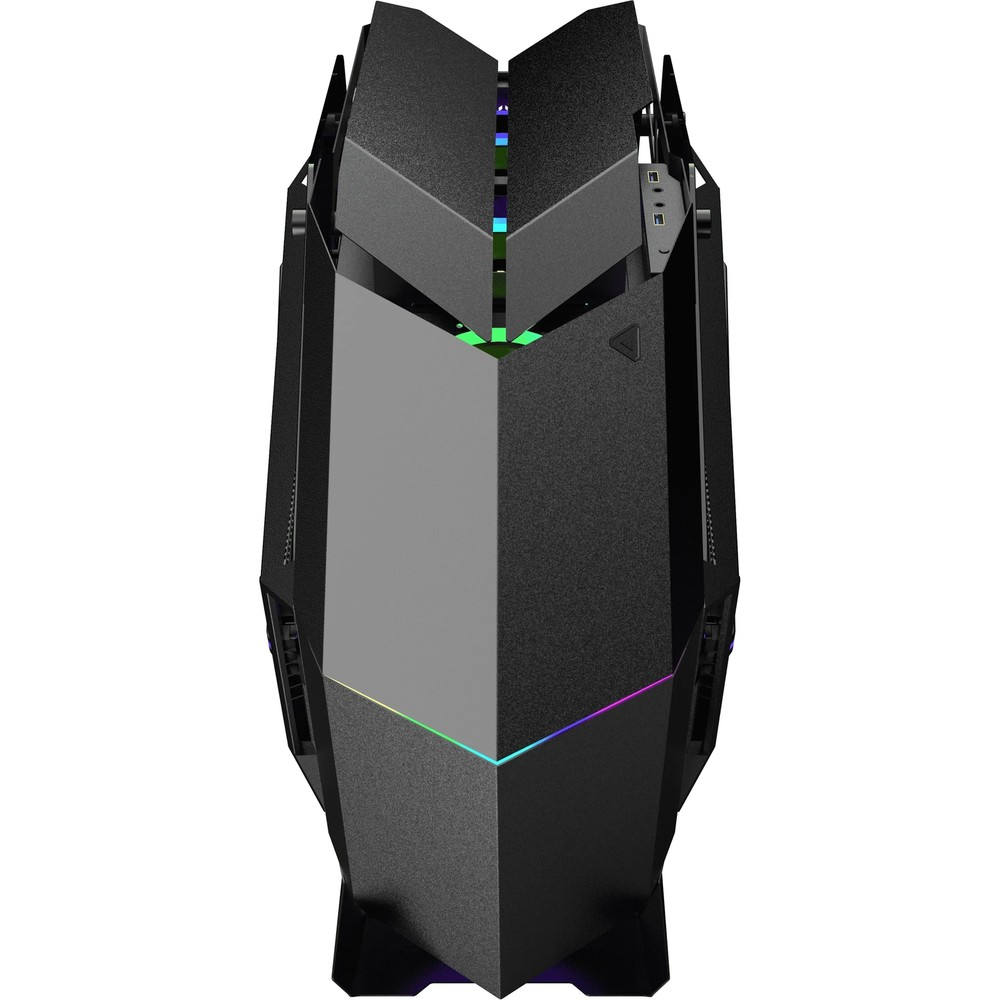 Köşeli panellere ve altta hafif RGB aydınlatmaya sahip siyah, futuristik bir PC kasası.