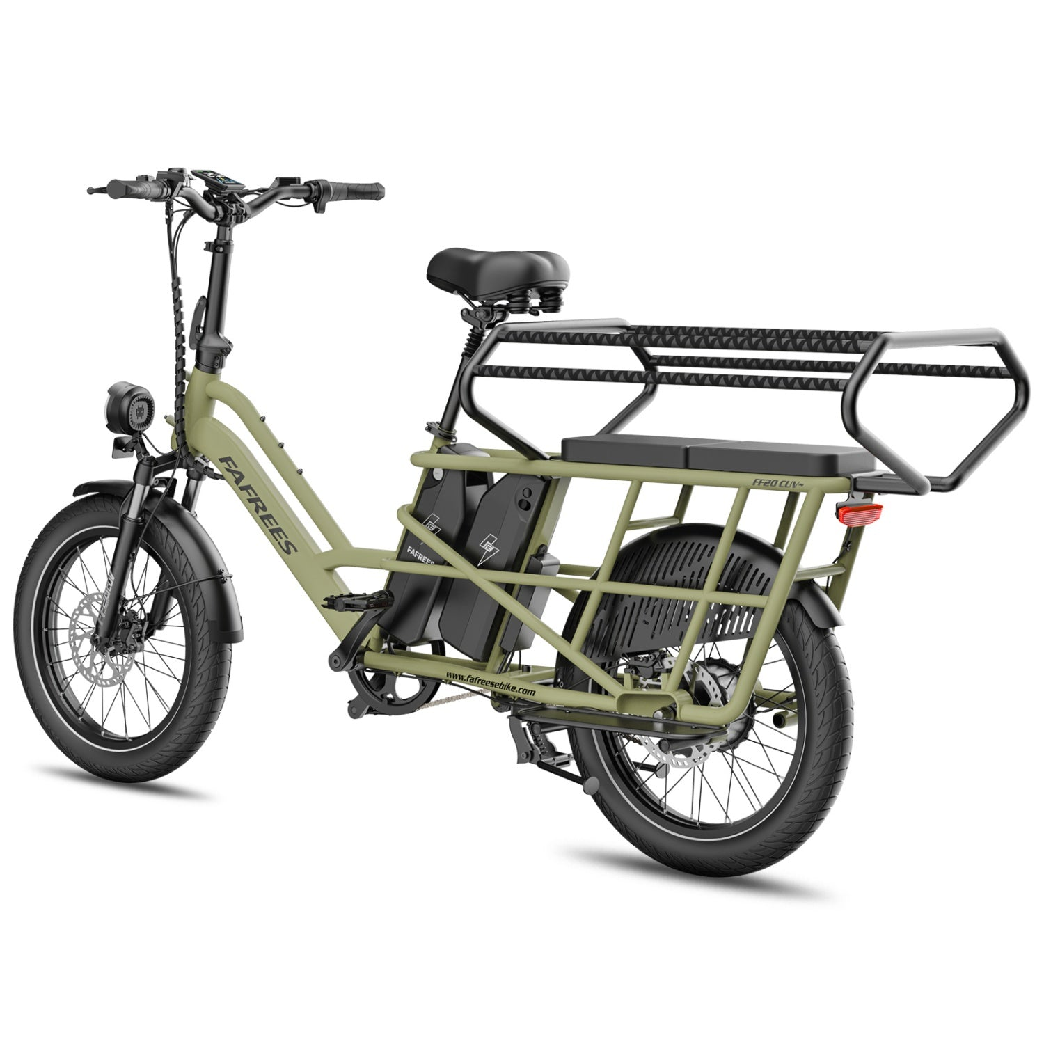 Ein olivgrünes Lasten-E-Bike mit zwei Akkus, einem großen Gepäckträger und schwarzen Rädern auf weißem Hintergrund.