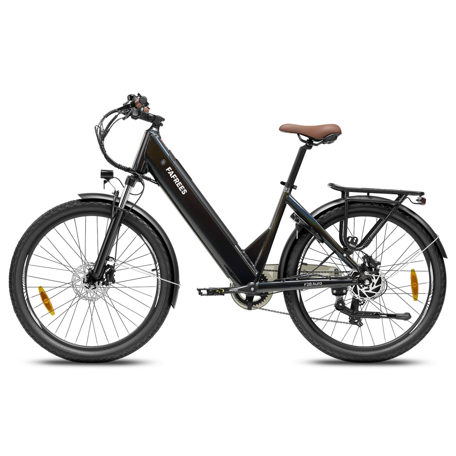Ein schwarzes Fafrees E-Bike mit tiefem Einstieg, braunem Sattel und Gepäckträger auf weißem Hintergrund.