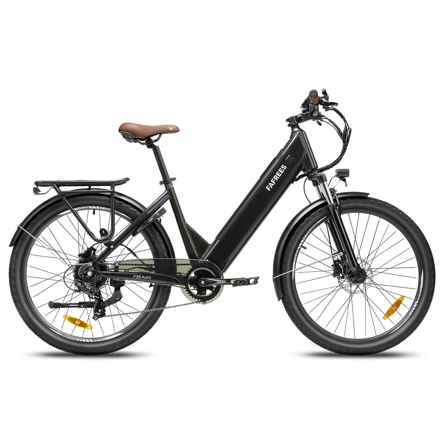 Ein schwarzes Fafrees E-Bike mit braunem Sattel und Gepäckträger auf weißem Hintergrund.