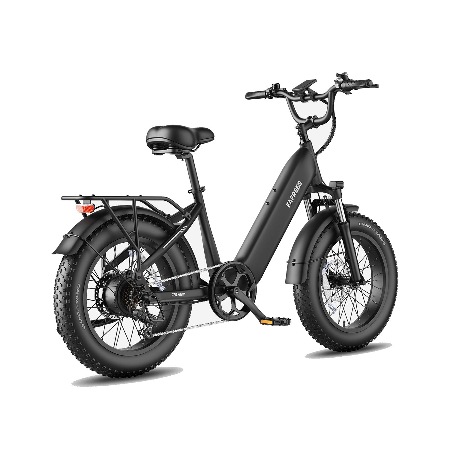 Ein schwarzes Fafrees Elektro-Fatbike mit dicken Reifen, Gepäckträger und aufrechtem Lenker vor weißem Hintergrund.