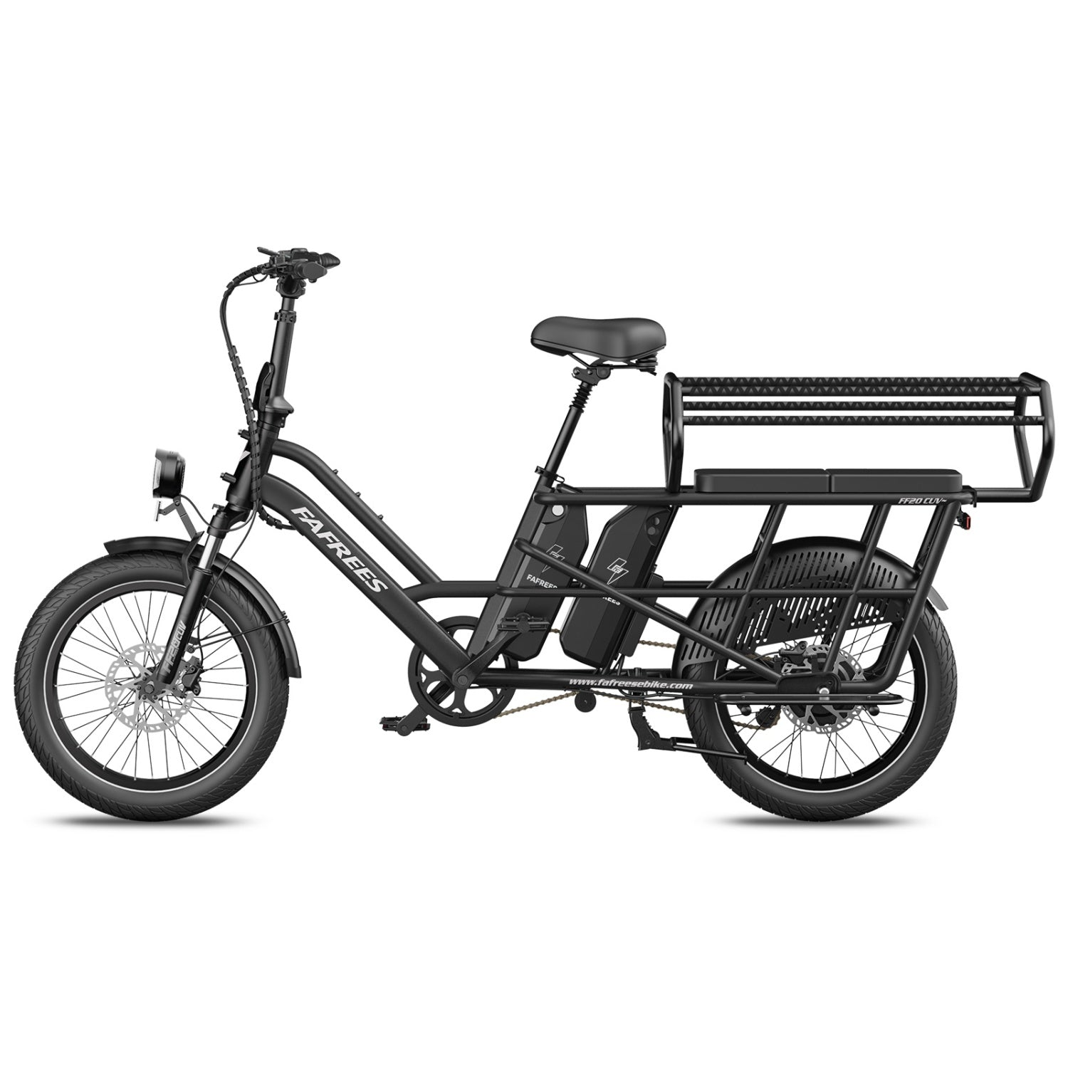 Schwarzes Fafrees E-Bike mit Gepäckträger hinten, Frontscheinwerfer und dicken Reifen vor weißem Hintergrund.