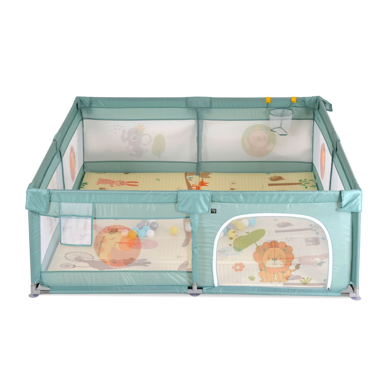 Grünes Baby-Laufgitter mit Tiermotiven, Mesh-Wänden, weicher Matte und einem kleinen Basketballkorb.