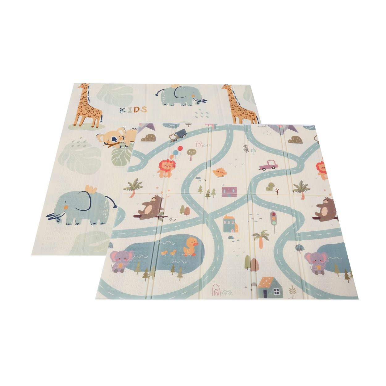Zwei faltbare Babyspielmatten mit Tiermotiven, Straßen und Bäumen auf weißem Hintergrund.