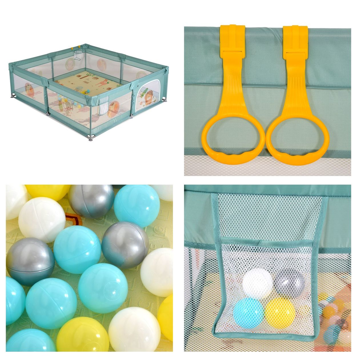 Ein großes grünes Baby-Laufgitter mit bunten Bällen, Hängeringen und einer Netztasche aus mehreren Blickwinkeln.