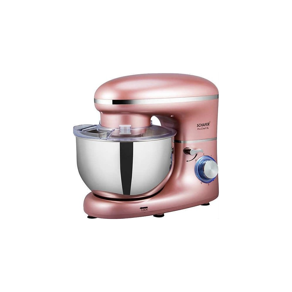 Pembe renkli, paslanmaz çelik kaseli ve şeffaf sıçratma korumalı mutfak robotu.