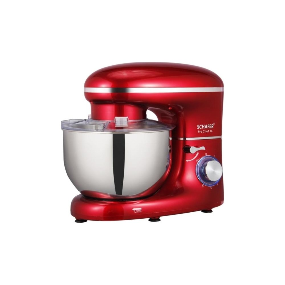 Beyaz arka planda paslanmaz çelik kaseli kırmızı renkli Schafer Pro Chef XL mutfak robotu.